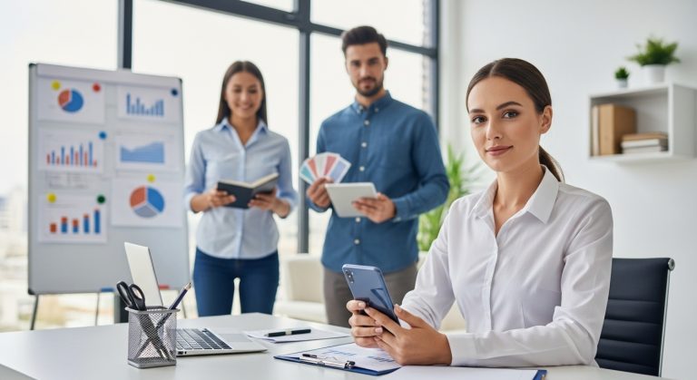Professional woman in foreground holds a smartphone at a conference desk; colleagues review charts on a whiteboard in a bright office.