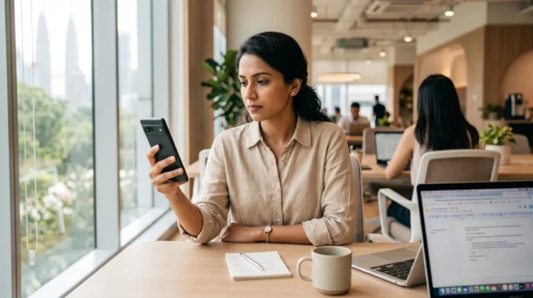 Electronics reseller reviewing dropship orders on a smartphone at a modern co-working space