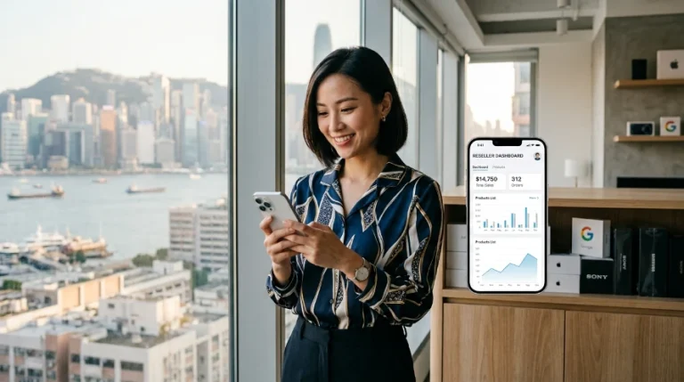 Woman in a blue patterned blouse stands by a window, smiling at her phone with a city skyline in the background, bright daylight flooding the space.